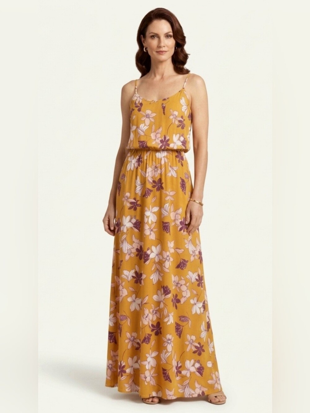 NAIF Mustard Purple Floral Maxi Dress Spaghetti Straps Summer Boho Flowy XL